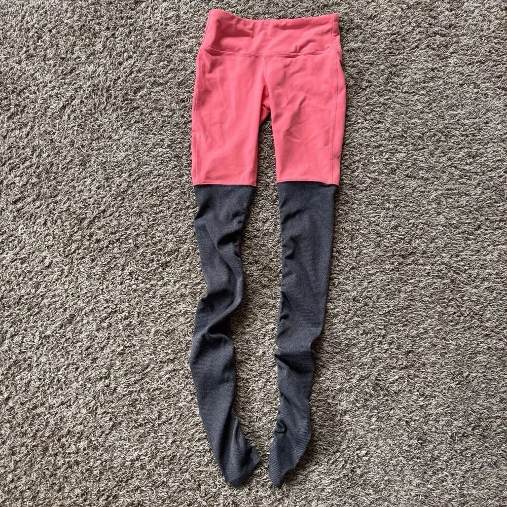 Alo Yoga Goddess Ribbed Leggings Black Coral Pink Pants Women's Size XS Workout